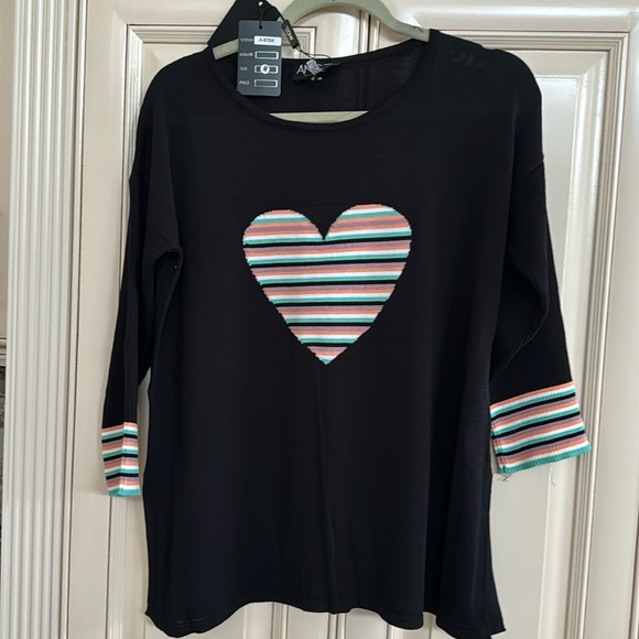 Angel light knit. Heart sweater.   All year round weight.  Black  with color - Picture 1 of 7